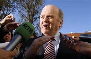 Irish Finance Minister Noonan talks with the press after the informal meeting of the EU Economic and Financial Affairs Council (ECOFIN) in Godollo